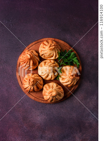 Deep-fried khinkali, khinkali with meat, traditional Georgian dish, no people, Deep-fried khinkali, khinkali with meat, traditional Georgian dish, no people, 116914100
