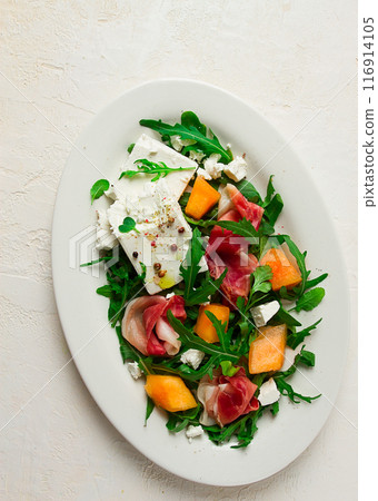 salad, melon with prosciutto, arugula, and cheese, summer salad, vegetarian, homemade, no people, 116914105
