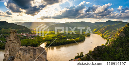 Castle Hinterhaus in Spitz Wachau Austria with Danube river and vineyards 116914197