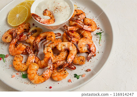 Fried shrimp, headless, with spices, grilled, homemade, no people, Fried shrimp, headless, with spices, grilled, homemade, no people, 116914247