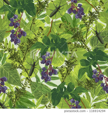 Bright summer seamless pattern with green lush leaves, foliage, bunches of ripe blueberries, crawling big green musk beetle. Sunshine through dense vegetation. Floral botanical background. Bright summer seamless pattern with green lush leaves, foliage, bunches of ripe blueberries, crawling big green musk beetle. Sunshine through dense vegetation. Floral botanical background. 116914294