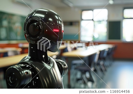 Robotic teacher in classroom, against chalkboard, highlighting its role in modern educational environment. Perfect for themes of futuristic education, technology integration in schools. Generative AI. Robotic teacher in classroom, against chalkboard, highlighting its role in modern educational environment. Perfect for themes of futuristic education, technology integration in schools. Generative AI. 116914456