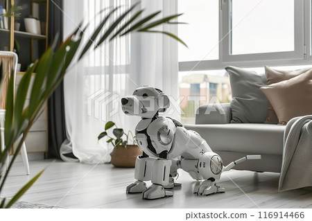 Modern robotic pet showcased in a stylish home setting. Robot dog. Integration of robotics in everyday life, pet companionship, and smart home technology. Generative AI. 116914466