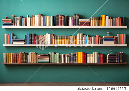 Organized Bookshelf Filled With Various Books Organized Bookshelf Filled With Various Books 116914515