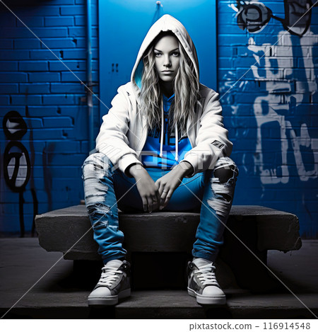 a hooded woman crouching on the stairs a hooded woman crouching on the stairs 116914548