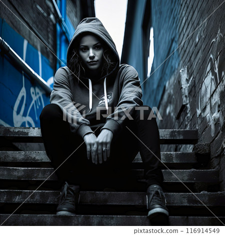 a hooded woman crouching on the stairs 116914549