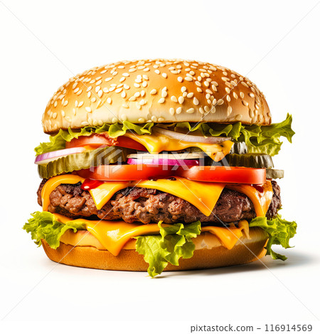 Delicious Hamburger With Cheese, Lettuce, Tomato, and Pickles 116914569