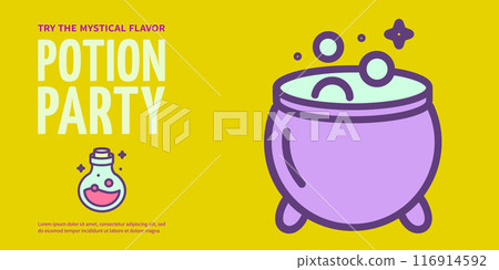 Halloween Magic Potion Party Horizontal Placard Poster Banner Card Template and Witch Cauldron. Vector Halloween Magic Potion Party Horizontal Placard Poster Banner Card Template and Witch Cauldron. Vector 116914592