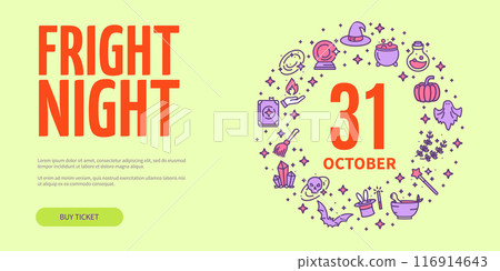 Magic Halloween Fright Night Party Invitation Horizontal Placard Poster Banner Card Template. Vector 116914643