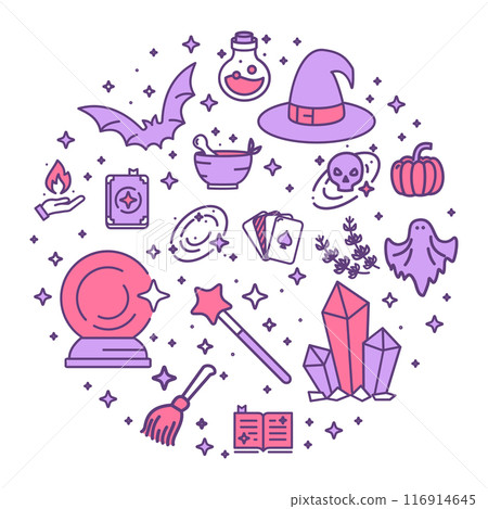 Magic Witch Halloween Round Design Template Thin Line Icon Concept for Party. Vector Magic Witch Halloween Round Design Template Thin Line Icon Concept for Party. Vector 116914645