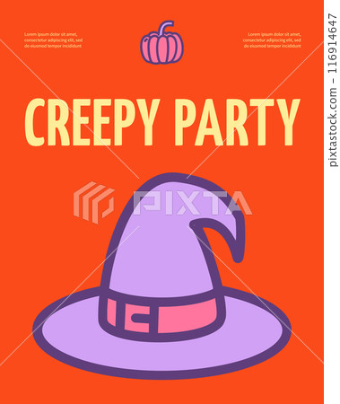 Magic Halloween Creepy Party Invitation Placard Poster Banner Card Template and Wizards Hat. Vector 116914647