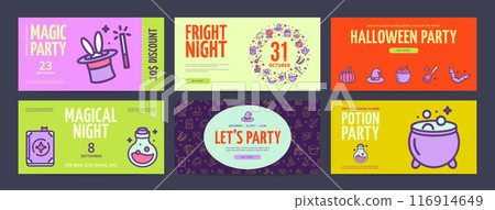 Magic Halloween Party Night Horizontal Placard Poster Banner Card Template Set. Vector Magic Halloween Party Night Horizontal Placard Poster Banner Card Template Set. Vector 116914649