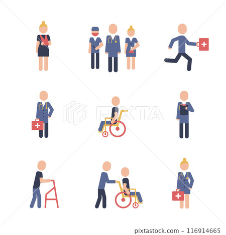 Vector icon illustrations set related to medical, welfare for the elderly, people with disabilities etc. Color pictograms clinic icons. 116914665