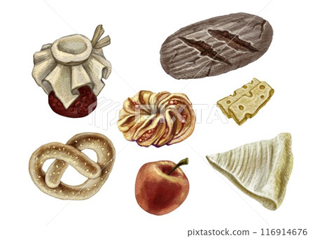 Set of homemade food: dough products, jam, apple, cheese. Realistic watercolor illustration. Suitable for the marketing of a bakery, grocery store, cafe, or for the design of a poster, menu, packaging Set of homemade food: dough products, jam, apple, cheese. Realistic watercolor illustration. Suitable for the marketing of a bakery, grocery store, cafe, or for the design of a poster, menu, packaging 116914676