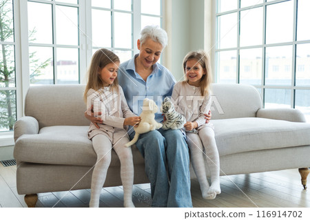 Happy family at home. Two little girls sisters twins grandmother enjoying time together. Good time at home. Grandma granddaughters child kids playing toys hugging together. Family generations 116914702