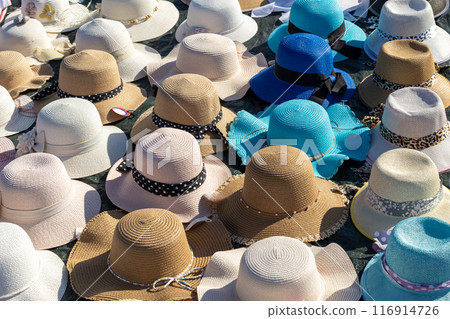 Wide-brimmed Hats Display at Outdoor Market Wide-brimmed Hats Display at Outdoor Market 116914726