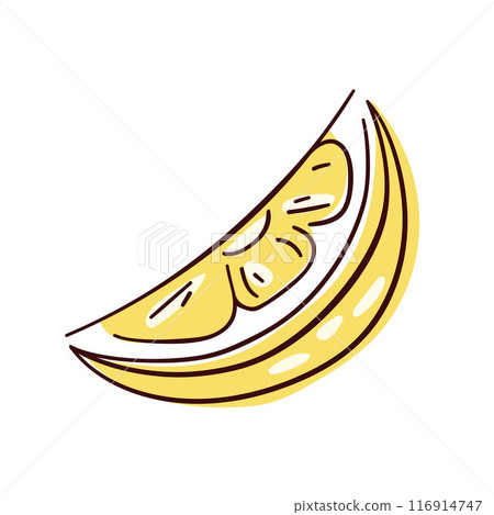 Lemon yellow slice icon in line art style. Vector illustration isolated on a white background. Lemon yellow slice icon in line art style. Vector illustration isolated on a white background. 116914747