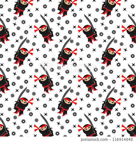 Ninja character in black suit and headband, holding sword, pattern 116914848