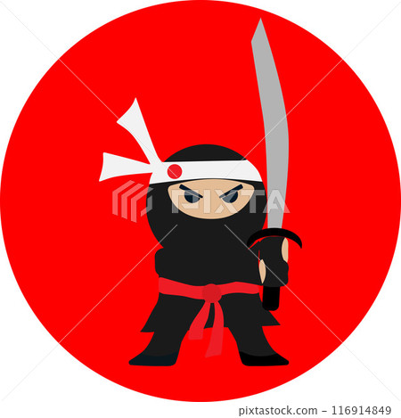 Ninja character in black suit and headband, holding sword, red background 116914849