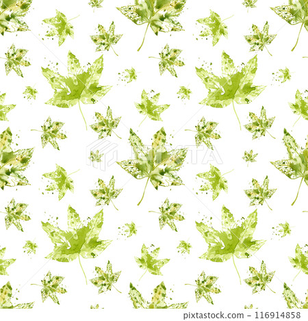 Yellow green maple leaves. Leaf imprints. Flying leaves with watercolor splashes, stains. Seamless pattern with forest plant. Floral illustration. For wrapping, scrapbooking, textile 116914858