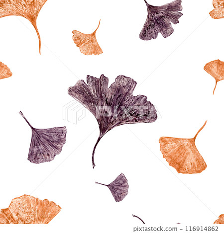 Colorful Autumn leaves. Copper and gold gingko leaf silhouettes. Dried abstract fan leaves. Fall season seamless pattern. Watercolor illustration. For various nature themed designs, textile Colorful Autumn leaves. Copper and gold gingko leaf silhouettes. Dried abstract fan leaves. Fall season seamless pattern. Watercolor illustration. For various nature themed designs, textile 116914862