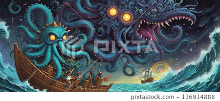 Illustrative depiction of a mythical sea monster that makes the oceans unsafe and is told in old sailors tales 116914888