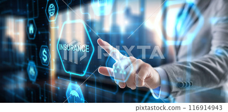 Businessman hand clicks insurance icons. Car travel family and life concept Businessman hand clicks insurance icons. Car travel family and life concept 116914943