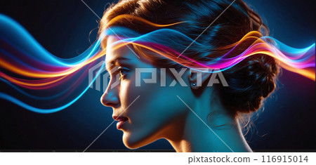 Auditory perception, person listens or hearing deteriorates , waveforms visualize sounds propagating in the surrounding air 116915014