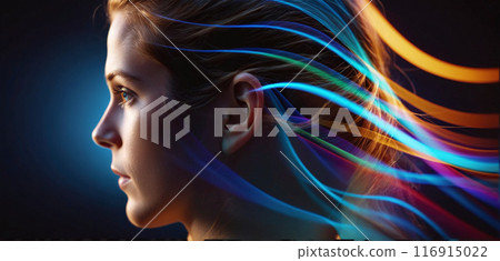 Auditory perception, person listens or hearing deteriorates , waveforms visualize sounds propagating in the surrounding air 116915022