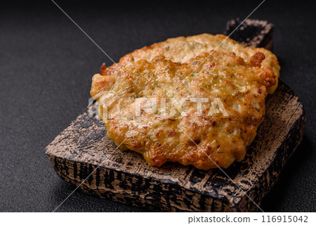 Delicious fried pork or chicken chops breaded with salt and spices 116915042