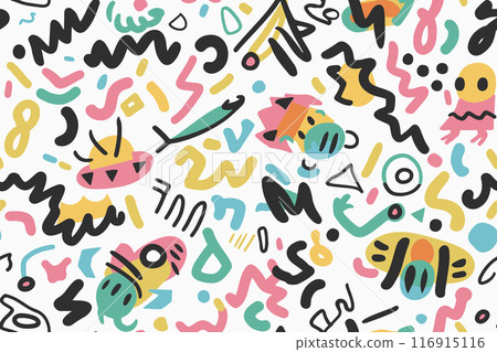 Cute alien kids textile pattern. Fabric design cosmos star little monsters for children clothes. Cartoon space aliens character vector illustration Cute alien kids textile pattern. Fabric design cosmos star little monsters for children clothes. Cartoon space aliens character vector illustration 116915116