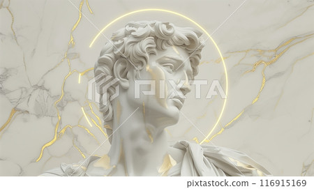 Surreal 3D illustration of a marble ancient Greek statue with a halo behind in white and gold color. Contemporary art in digital format 116915169