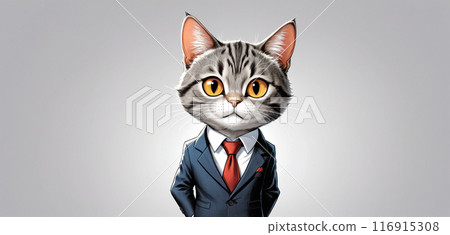 Illustrative depiction of an elegant cat in a fine business suit, radiating success, determination and self-confidence 116915308