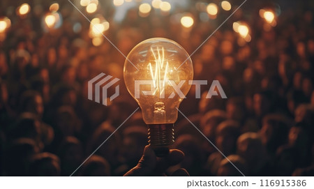 a light bulb in front of a crowd of people. 116915386