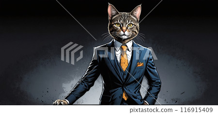 Illustrative depiction of an elegant cat in a fine business suit, radiating success, determination and self-confidence 116915409