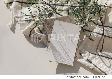 Elegant Christmas still life. Blank greeting card, invitation mockup in sunlight. Green pine tree branches, white table background. Checkered plaid. Cozy winter scene. Flatlay, top view. Soft shadows 116915499