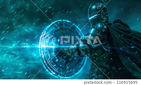 guardian in digital armor, holding a shield and sword made of advanced code and encryption patterns. 116915695