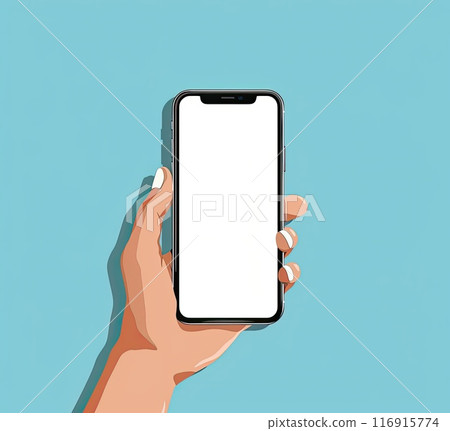A hand is holding a cell phone with a white screen displaying information 116915774