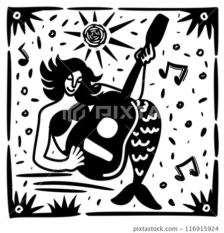 Mermaid playing guitar. Brazilian northeast cordel woodcut illustration 116915924