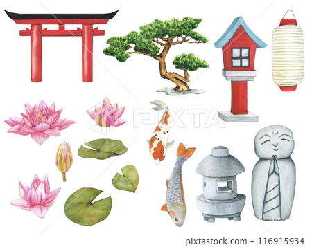 Large set with Koi Fish, Red Wooden Lantern, Pink Lotus, Bonsai tree of Pine, Stone Lantern and Paper Lantern. Hand drawn Watercolor illustration. Japanese architecture Large set with Koi Fish, Red Wooden Lantern, Pink Lotus, Bonsai tree of Pine, Stone Lantern and Paper Lantern. Hand drawn Watercolor illustration. Japanese architecture 116915934