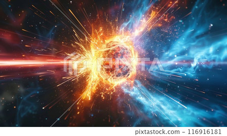 A brilliant surge of energy emits from the collision point signifying the immense power of the Higgs boson 116916181