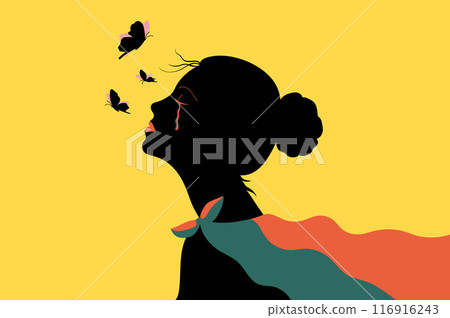 Silhouette of a girl with a Ukrainian flag behind her. Associative illustration of the struggle for peace and support of the country. Colorful drawing for decoration and printing for Independence Day, 116916243