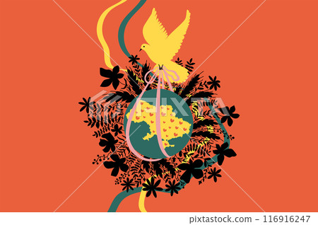 Dove of peace, holding the planet in the center with the country of Ukraine. Associative illustration of peace, love and prosperity of the country. Drawing for decoration and printing. Dove of peace, holding the planet in the center with the country of Ukraine. Associative illustration of peace, love and prosperity of the country. Drawing for decoration and printing. 116916247