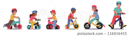 Children Characters Riding Various Types Of Push Bikes. Each Child Wears A Helmet For Safety. Cartoon Vector Image 116916455