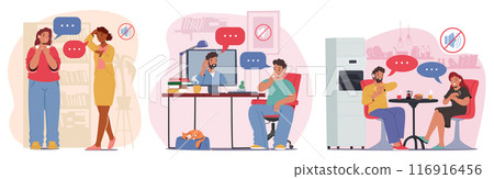 Group Of Adult Characters Is Communicating Using Sign Language In Various Settings, Including A Library, Home and Office 116916456