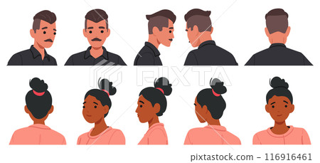 Headshots Of The Man And Woman Are Shown In Various Angles. Male Character Has A Mustache And Short Hair 116916461