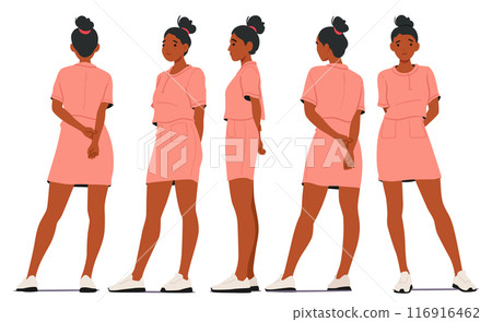 Young Black Woman Wearing A Pink Dress And White Sneakers Is Depicted From Multiple Angles, Including Front, Back, Side 116916462