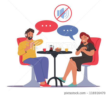 Cartoon Man And Woman Converse Using Sign Language At A Kitchen Or Cafe Table, Emphasizing Deaf Communication 116916470