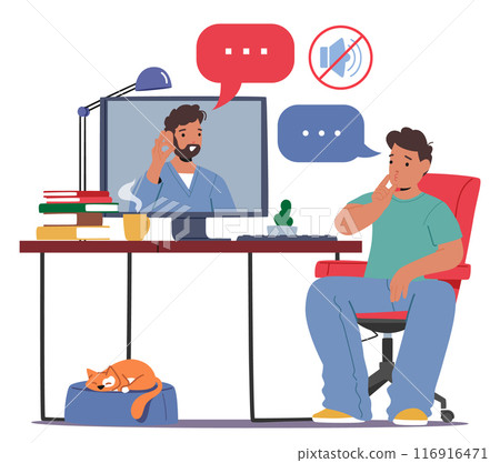Man Sitting At A Desk And Communicating With Another Male Character On A Computer Screen Using Sign Language Man Sitting At A Desk And Communicating With Another Male Character On A Computer Screen Using Sign Language 116916471