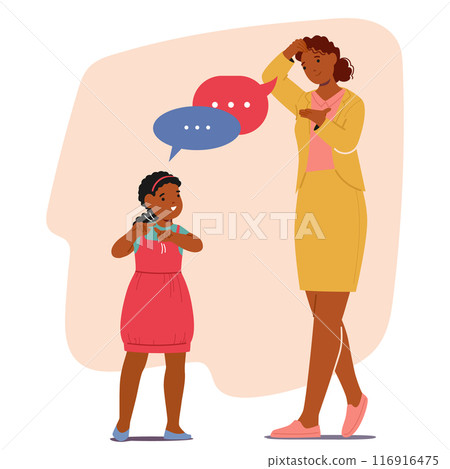 Cartoon Girl And Woman Are Engaging In A Conversation Using Sign Language. Teacher And A Student Communicate 116916475